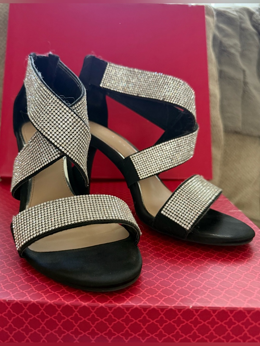 Kelly & Katie Black Strappy Heels with Rhinestone Bands